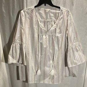 White peasant blouse with small multicolored pastel stripes,